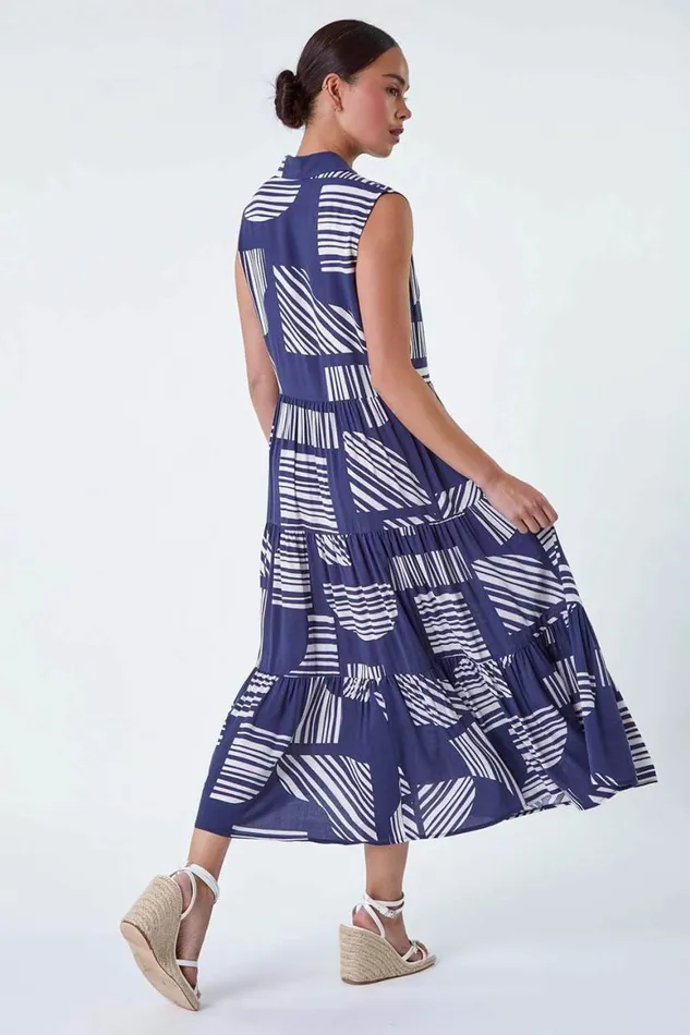 Women Navy Petite Geometric Midi Shirt Dress Roman Dresses
