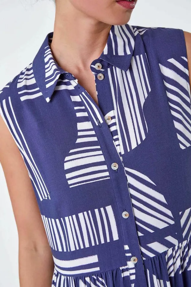 Women Navy Petite Geometric Midi Shirt Dress Roman Dresses