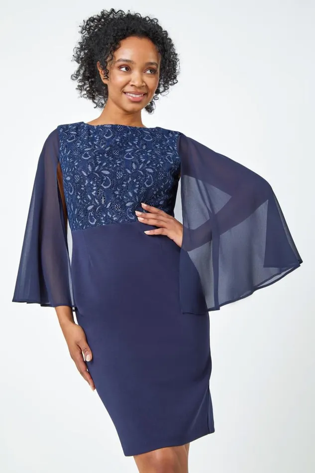 Women Navy Petite Lace Chiffon Cape Sleeve Dress Roman Dresses