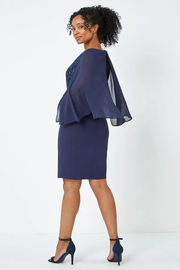 Women Navy Petite Lace Chiffon Cape Sleeve Dress Roman Dresses