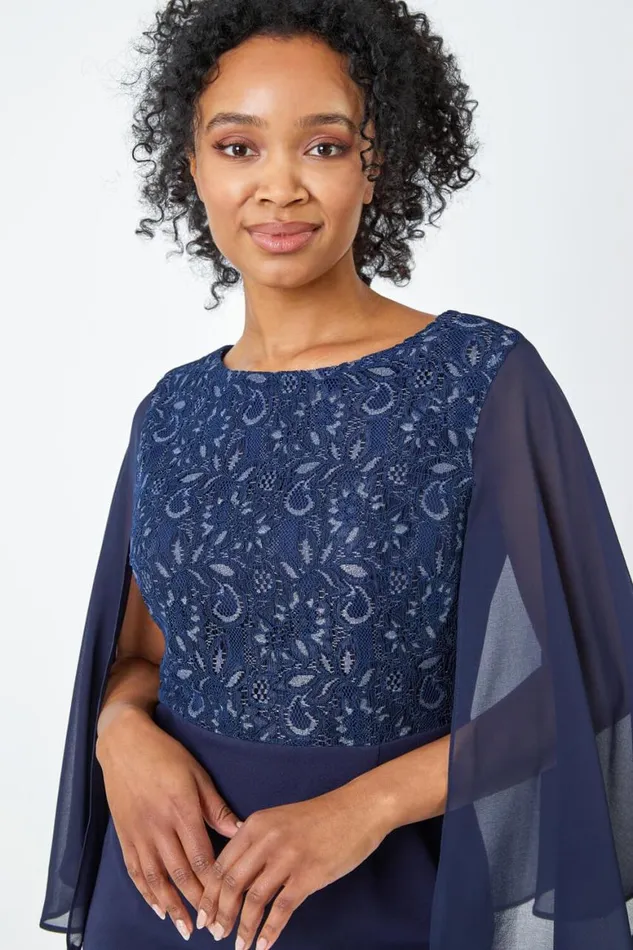 Women Navy Petite Lace Chiffon Cape Sleeve Dress Roman Dresses