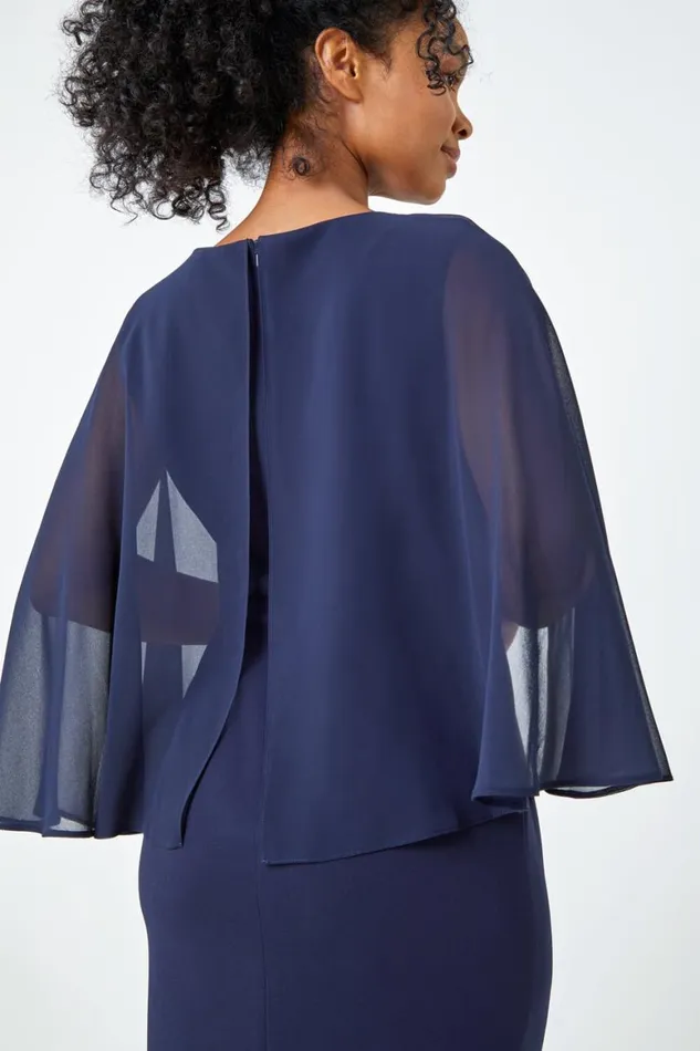 Women Navy Petite Lace Chiffon Cape Sleeve Dress Roman Dresses