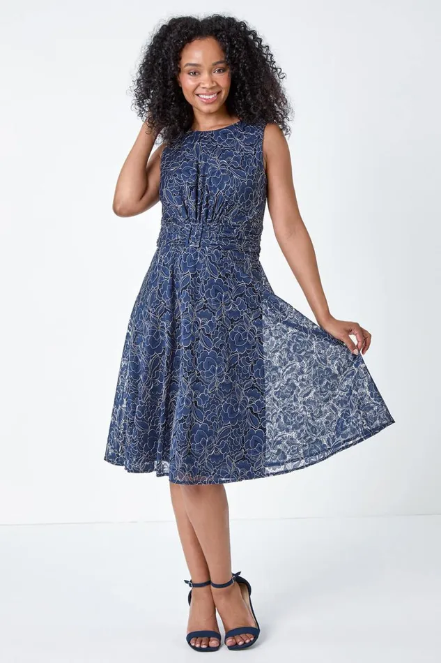 Women Navy Petite Lace Shimmer Belted Midi Dress Roman Dresses