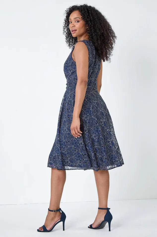 Women Navy Petite Lace Shimmer Belted Midi Dress Roman Dresses