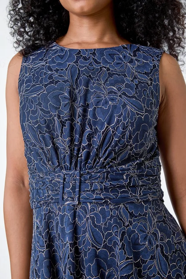 Women Navy Petite Lace Shimmer Belted Midi Dress Roman Dresses