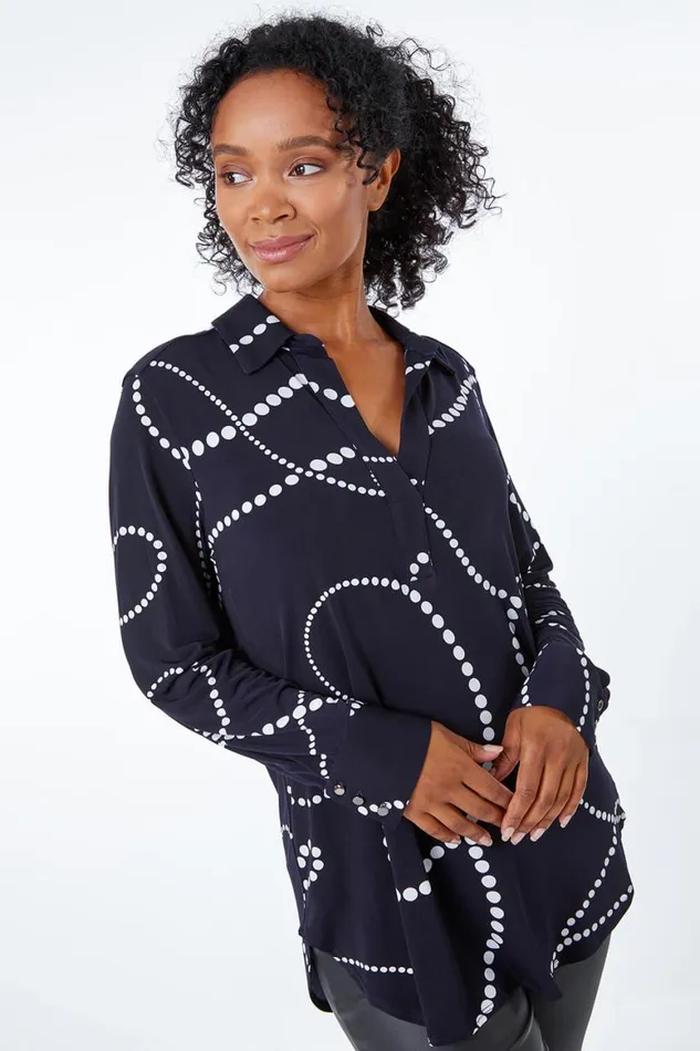 Women Navy Petite Linear Spot Print Jersey Shirt Roman Tops