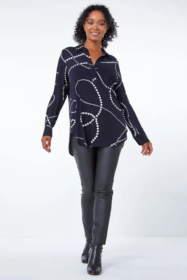 Women Navy Petite Linear Spot Print Jersey Shirt Roman Tops