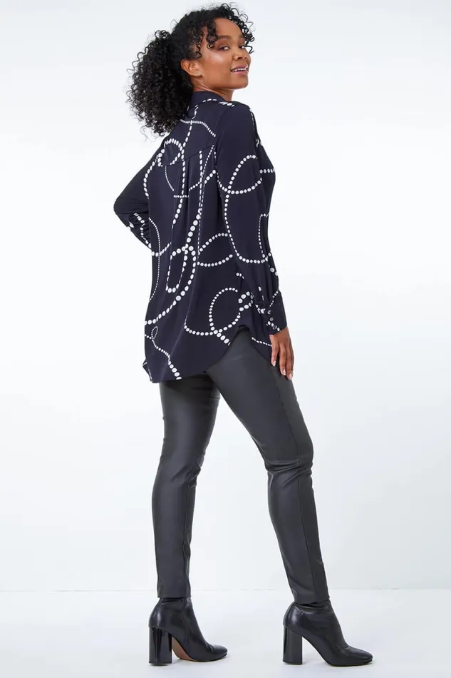 Women Navy Petite Linear Spot Print Jersey Shirt Roman Tops