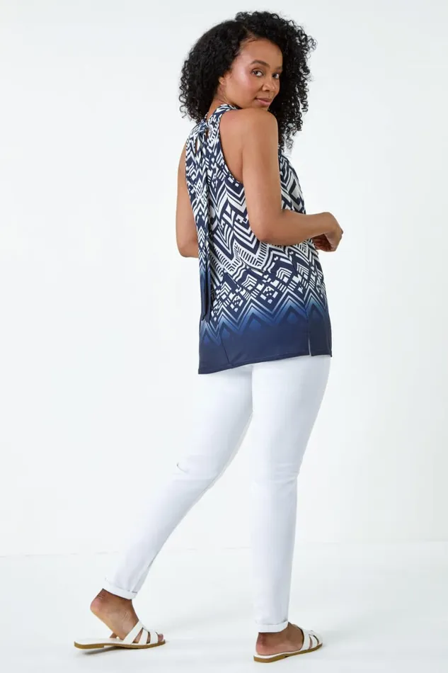 Women Navy Petite Ombre Print Tie Halterneck Top Roman Tops