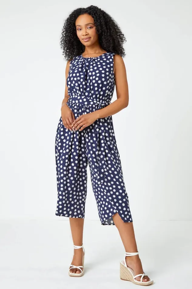 Women Navy Petite Polka Dot Cropped Jumpsuit Roman Dresses
