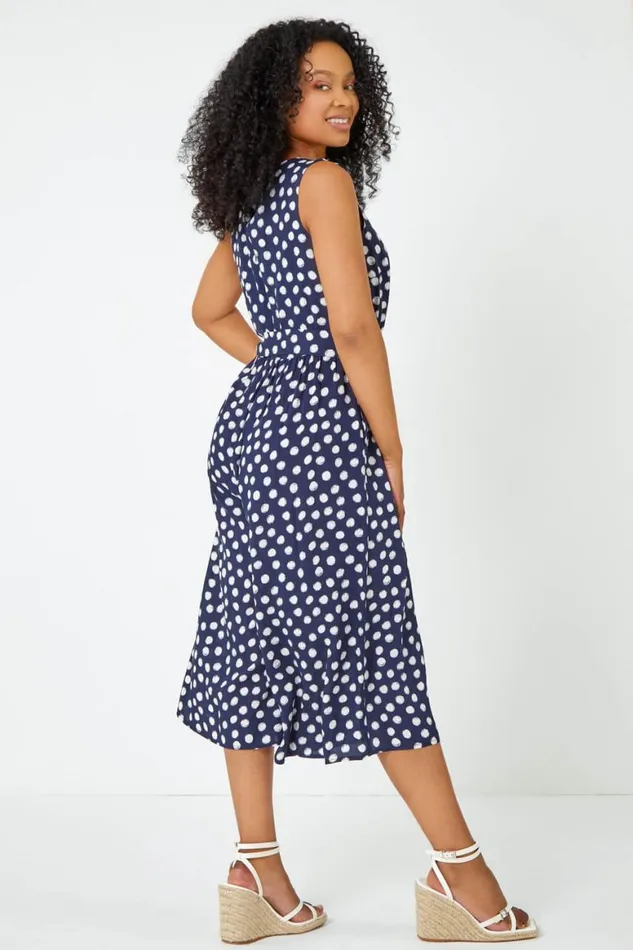 Women Navy Petite Polka Dot Cropped Jumpsuit Roman Dresses