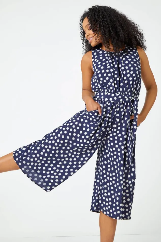 Women Navy Petite Polka Dot Cropped Jumpsuit Roman Dresses
