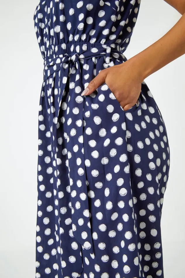 Women Navy Petite Polka Dot Cropped Jumpsuit Roman Dresses