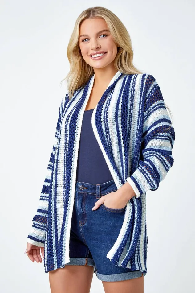 Women Navy Petite Stripe Longline Knit Cardigan Roman Knitwear