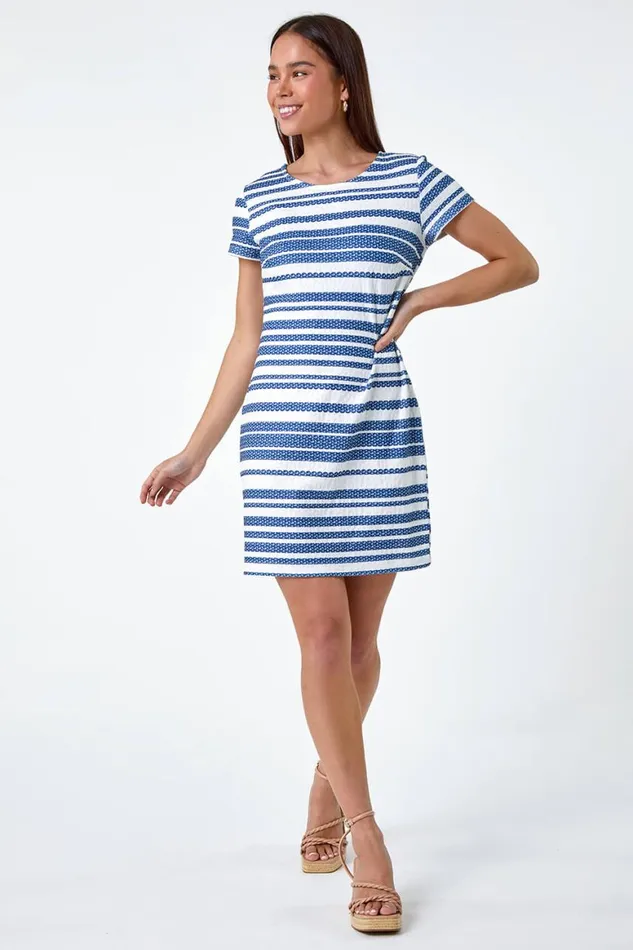 Women Navy Petite Textured Stripe Dress Roman Dresses