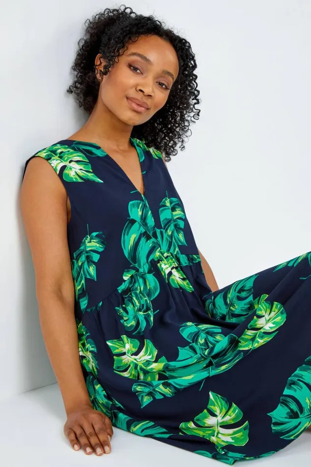 Women Navy Petite Tropical Print Smock Dress Roman Dresses