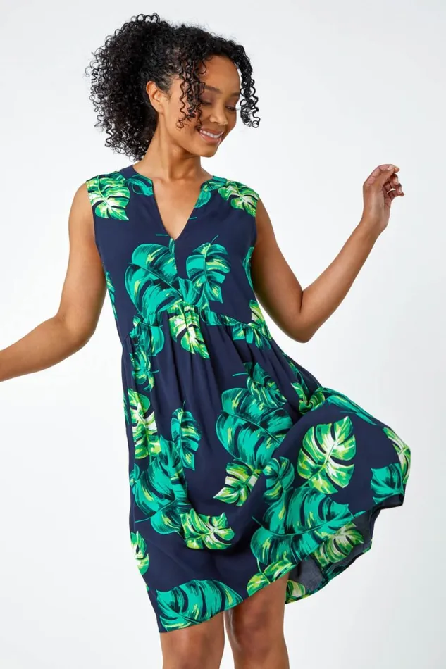 Women Navy Petite Tropical Print Smock Dress Roman Dresses