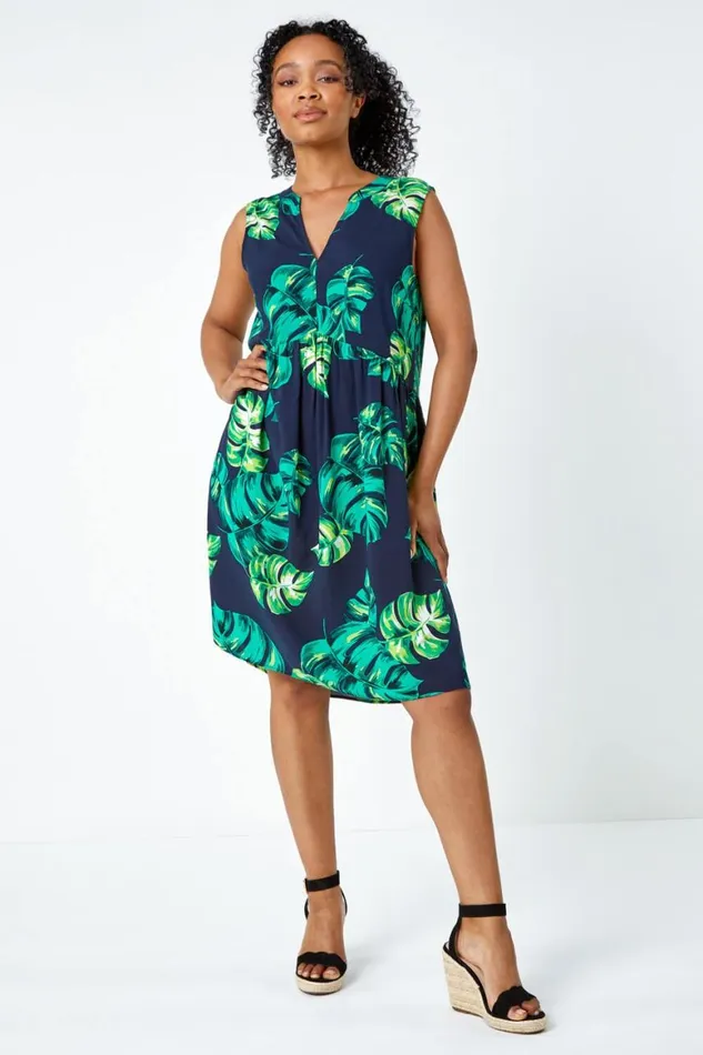 Women Navy Petite Tropical Print Smock Dress Roman Dresses