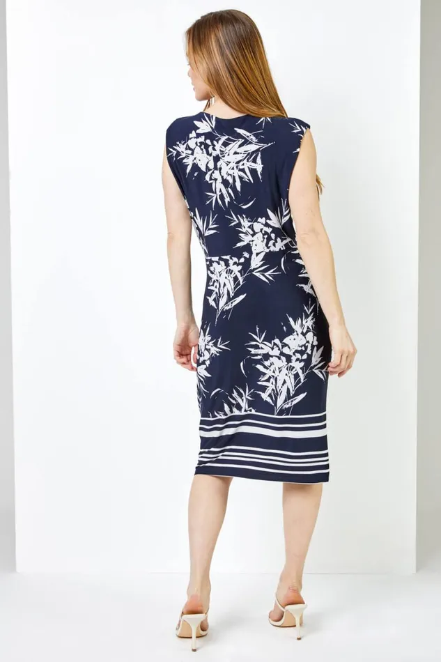 Women Navy Petite Tropical Print Tie Waist Dress Roman Dresses