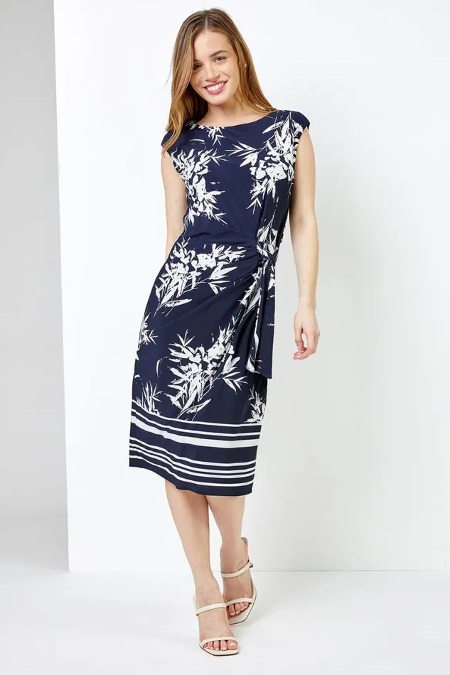 Women Navy Petite Tropical Print Tie Waist Dress Roman Dresses