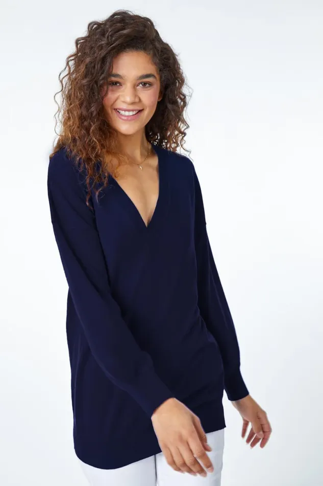 Women Navy Plain Stretch VNeck Longline Jumper Roman Knitwear