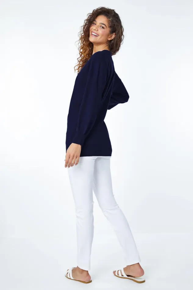 Women Navy Plain Stretch VNeck Longline Jumper Roman Knitwear