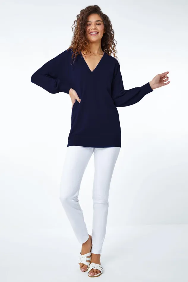 Women Navy Plain Stretch VNeck Longline Jumper Roman Knitwear