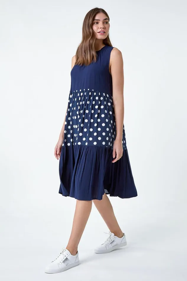 Women Navy Polka Dot Print Panel Smock Dress Roman Dresses