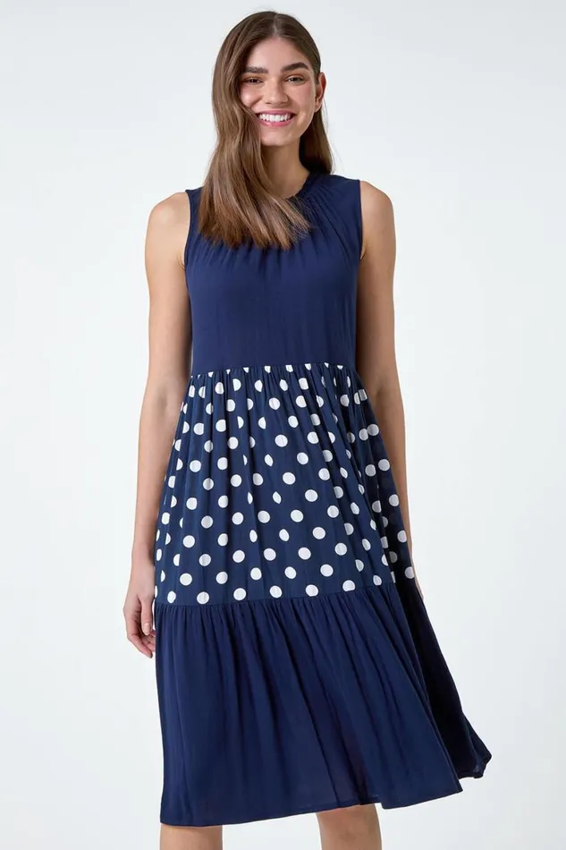 Women Navy Polka Dot Print Panel Smock Dress Roman Dresses