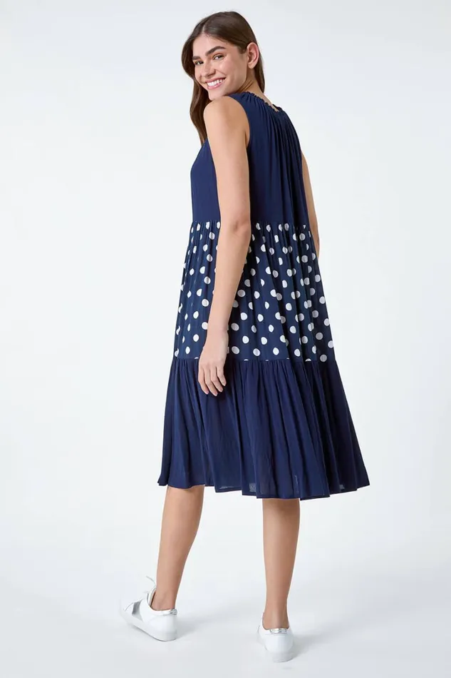 Women Navy Polka Dot Print Panel Smock Dress Roman Dresses