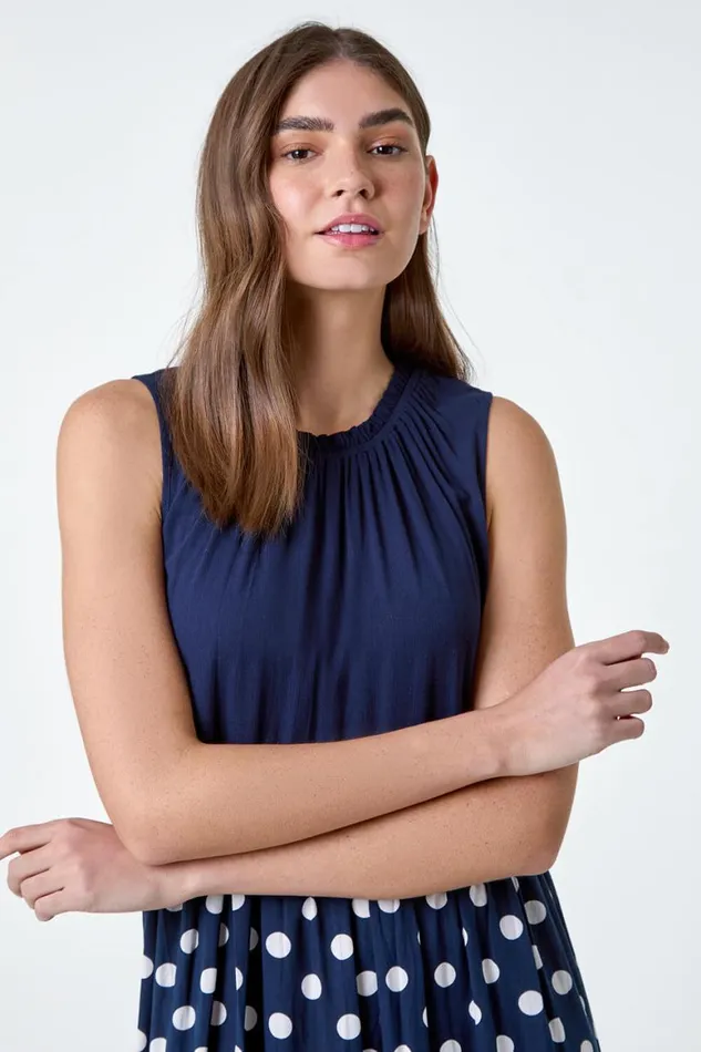 Women Navy Polka Dot Print Panel Smock Dress Roman Dresses
