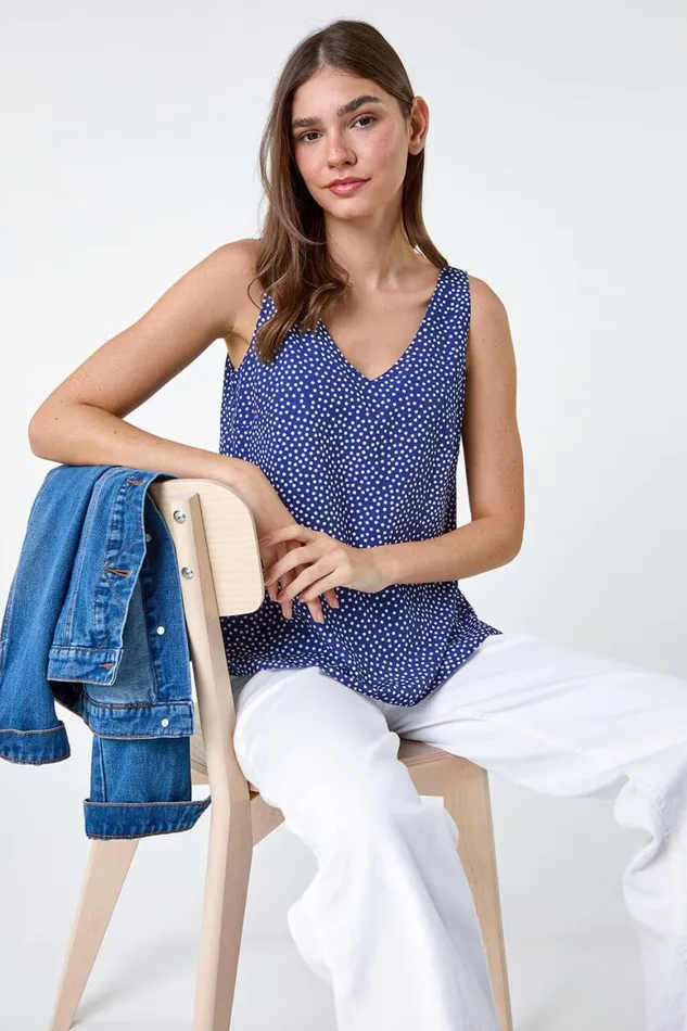 Women Navy Polka Dot Print VNeck Cami Top Roman Tops