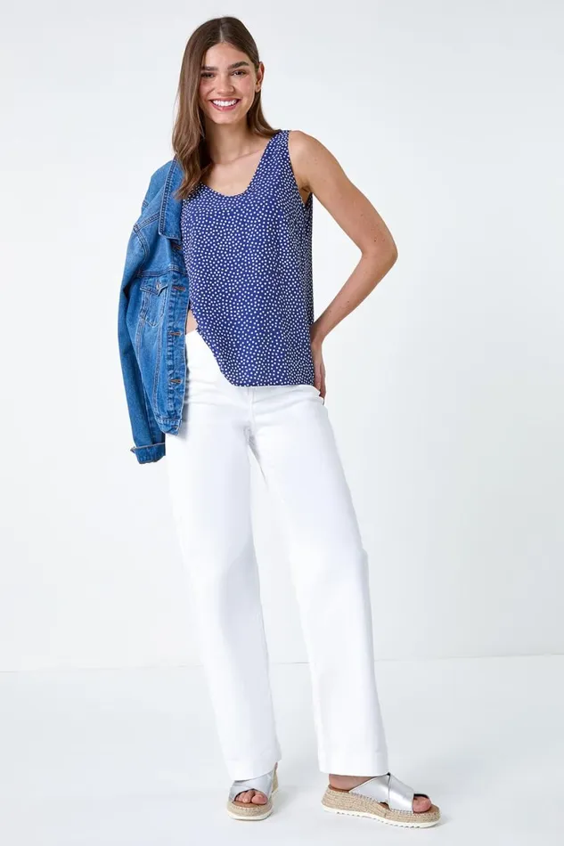 Women Navy Polka Dot Print VNeck Cami Top Roman Tops