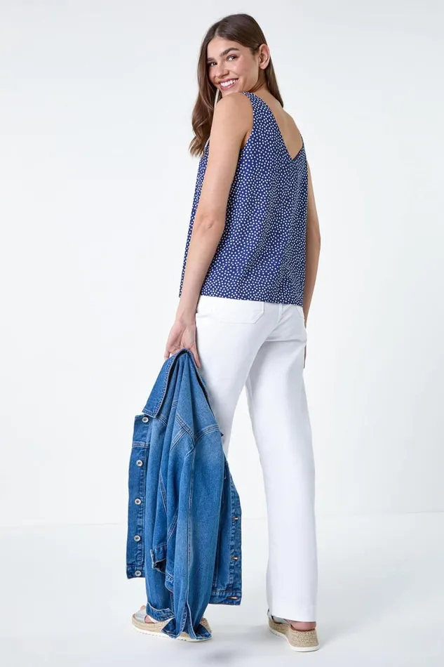 Women Navy Polka Dot Print VNeck Cami Top Roman Tops