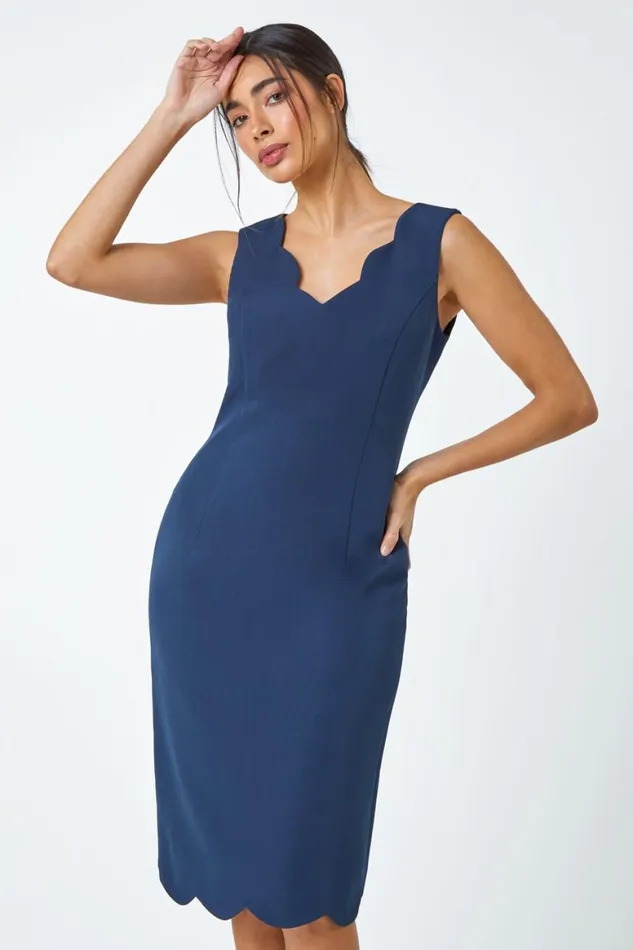 Women Navy Scallop Edge Plain Shift Dress Roman Dresses