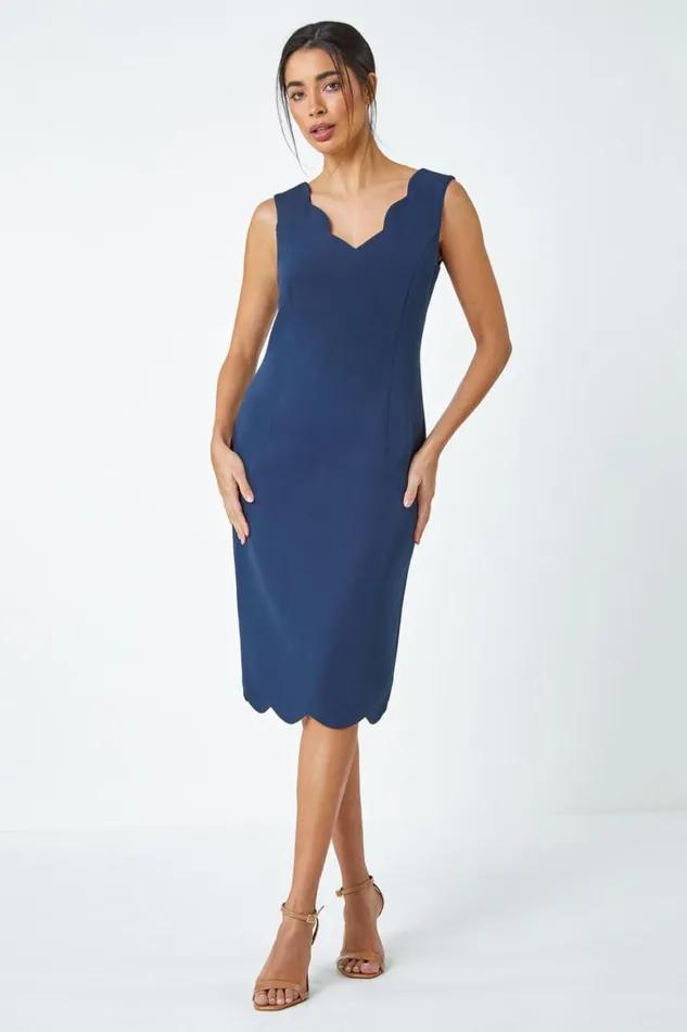 Women Navy Scallop Edge Plain Shift Dress Roman Dresses