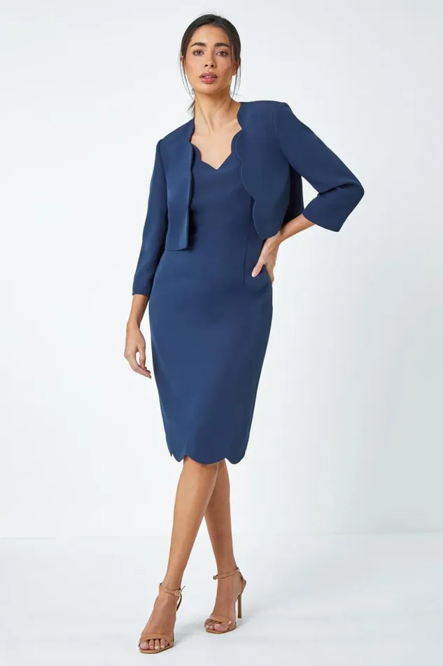 Women Navy Scallop Edge Plain Shift Dress Roman Dresses