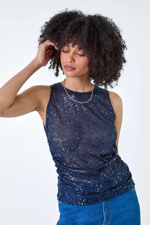 Women Navy Sequin Embellished Stretch Vest Top Roman Tops