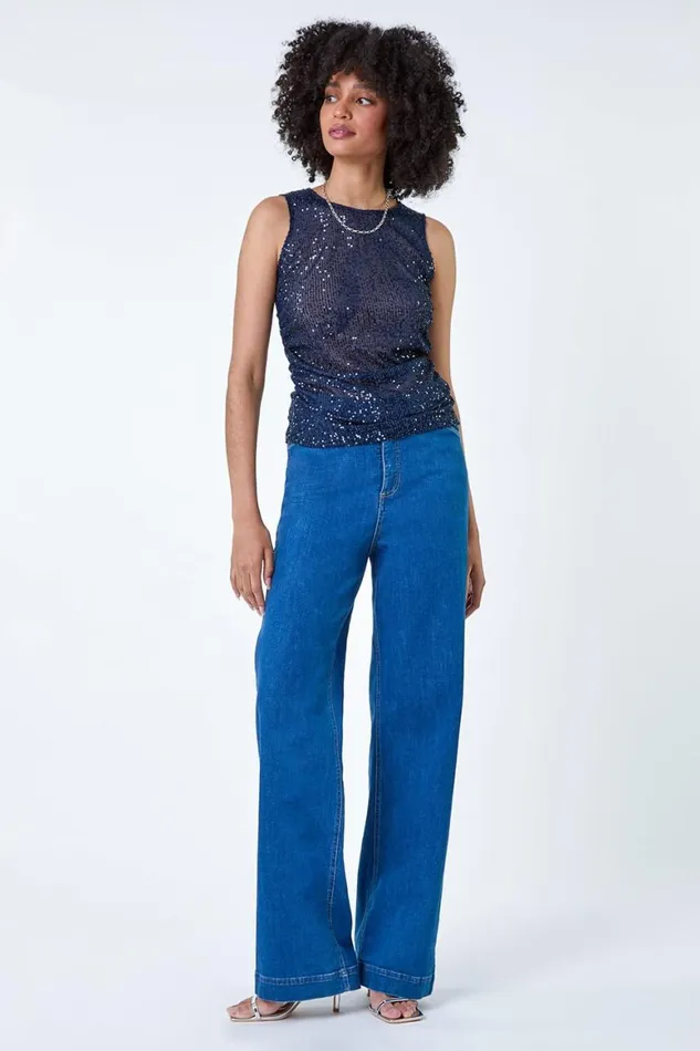 Women Navy Sequin Embellished Stretch Vest Top Roman Tops