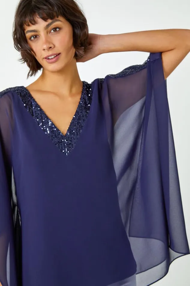 Women Navy Sequin Embellished Trim Overlay Top Roman Tops