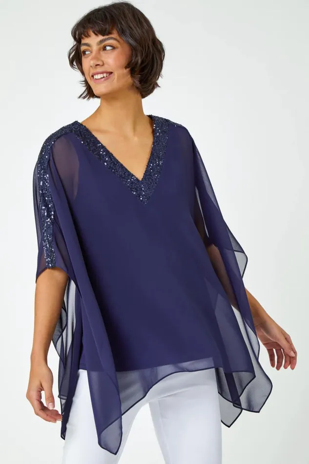 Women Navy Sequin Embellished Trim Overlay Top Roman Tops