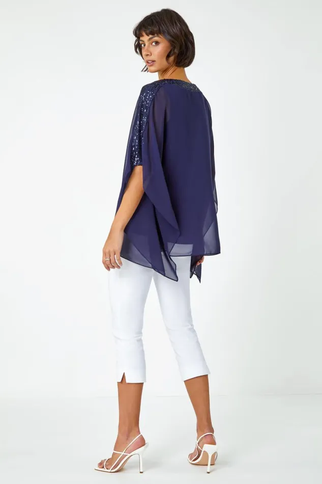 Women Navy Sequin Embellished Trim Overlay Top Roman Tops