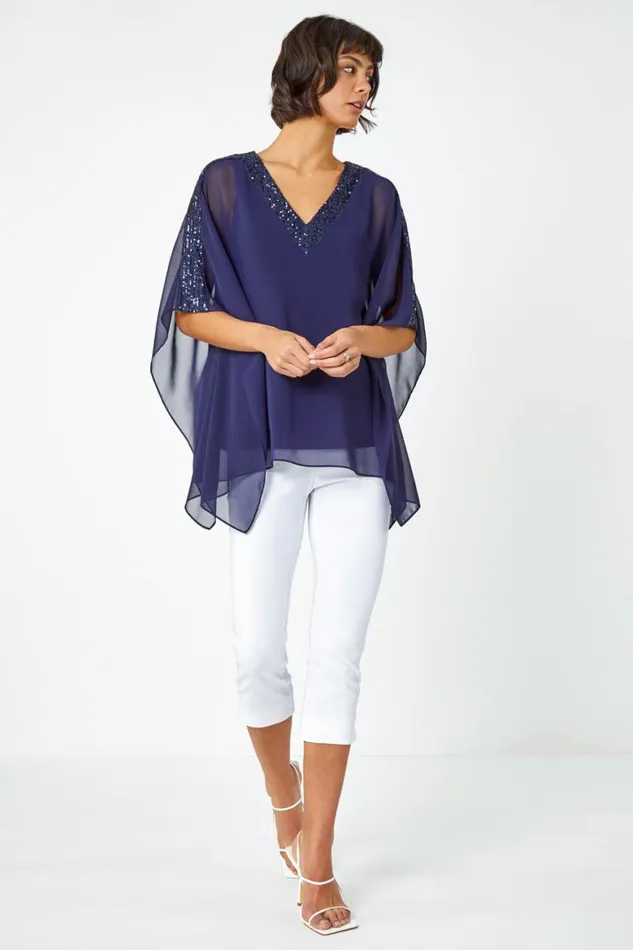 Women Navy Sequin Embellished Trim Overlay Top Roman Tops