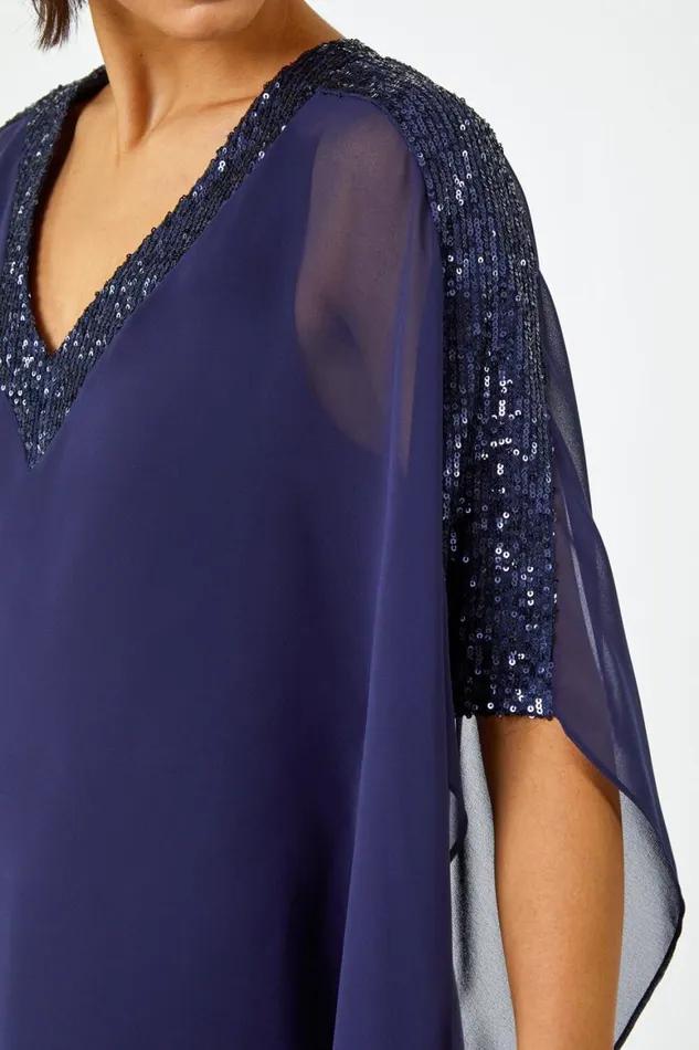 Women Navy Sequin Embellished Trim Overlay Top Roman Tops
