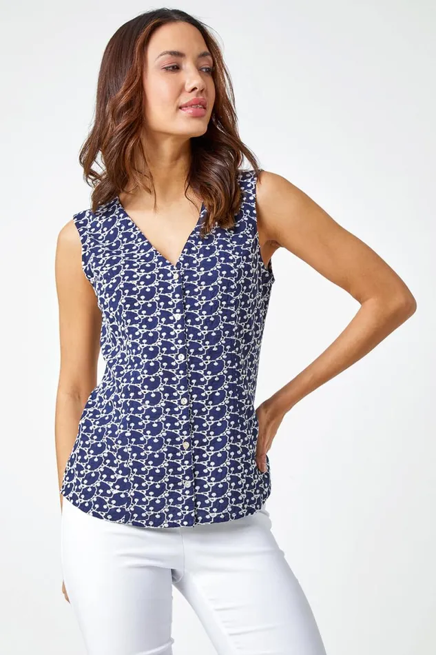 Women Navy Sleeveless Embroidered Cotton Blouse Roman Tops