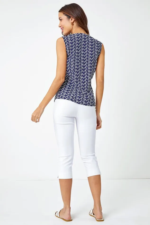 Women Navy Sleeveless Embroidered Cotton Blouse Roman Tops