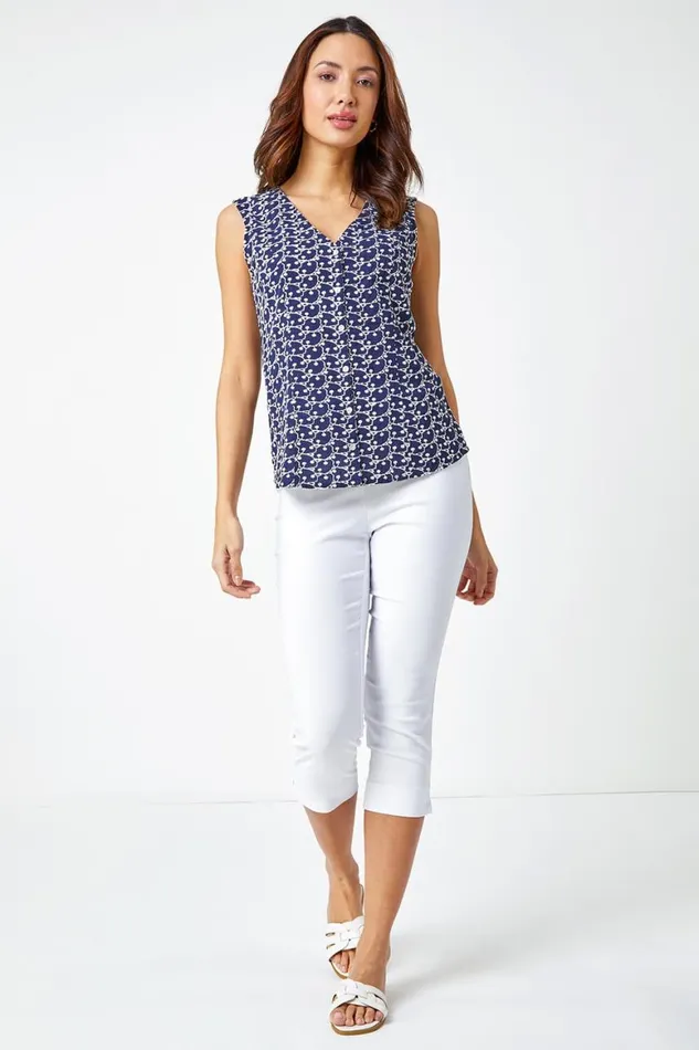 Women Navy Sleeveless Embroidered Cotton Blouse Roman Tops