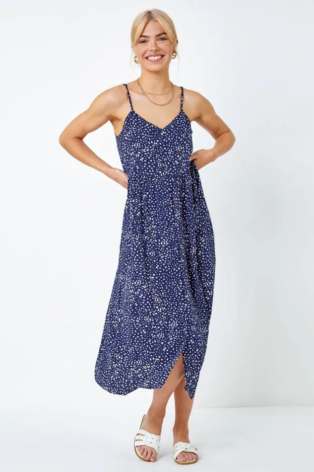 Women Navy Sleeveless Spot Button Through Midi Dress Roman Dresses