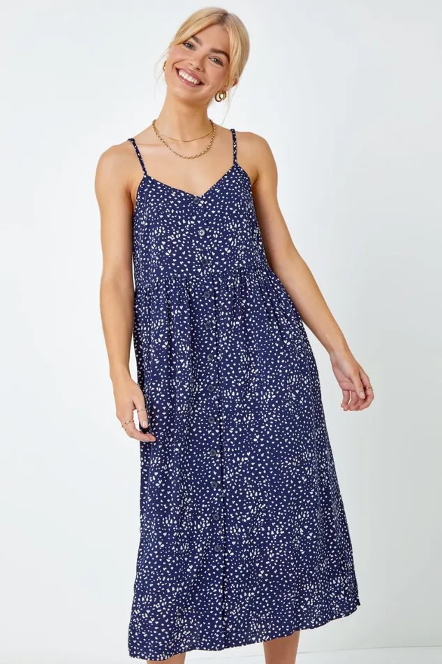 Women Navy Sleeveless Spot Button Through Midi Dress Roman Dresses