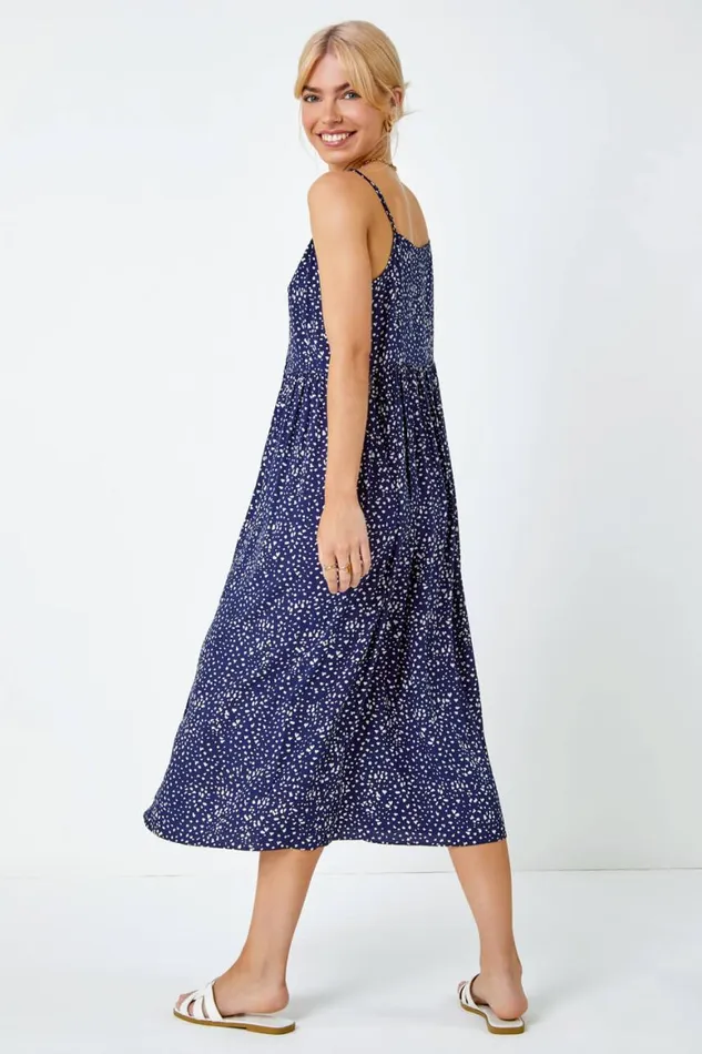Women Navy Sleeveless Spot Button Through Midi Dress Roman Dresses